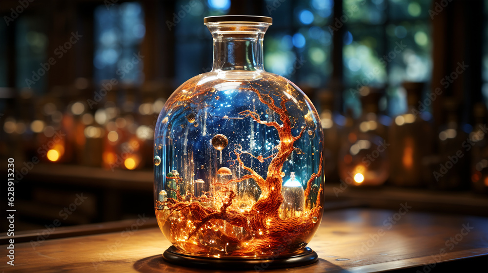 Magic bottle with mystical landscape and magic neon light, concept of magic and fairy tale Magic bottle with mystical landscape and magic neon light, concept of magic and fairy tale