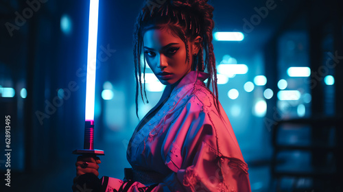 Young beautiful warrior woman in kimono with laser sword weapon. Glowing lights in the night. Neon colors pink and blue. Generative AI