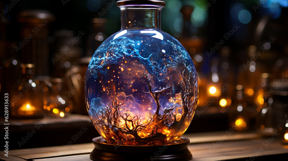 Magic bottle with mystical landscape and magic neon light, concept of magic and fairy tale Magic bottle with mystical landscape and magic neon light, concept of magic and fairy tale