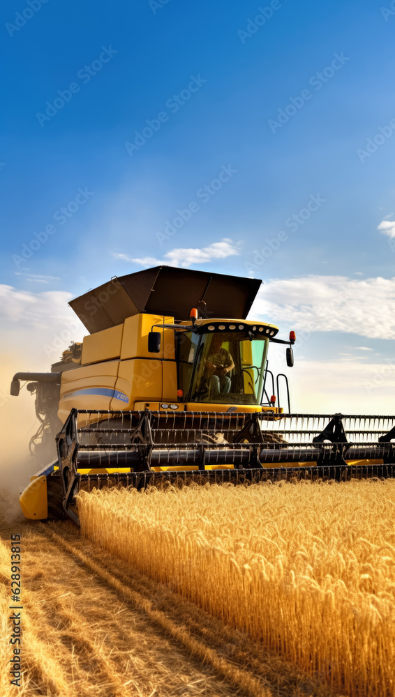 Fototapeta premium Harvester combine working on a field in afternoon, front wide angle view, golden wheat field foreground - agriculture concept. Generative AI