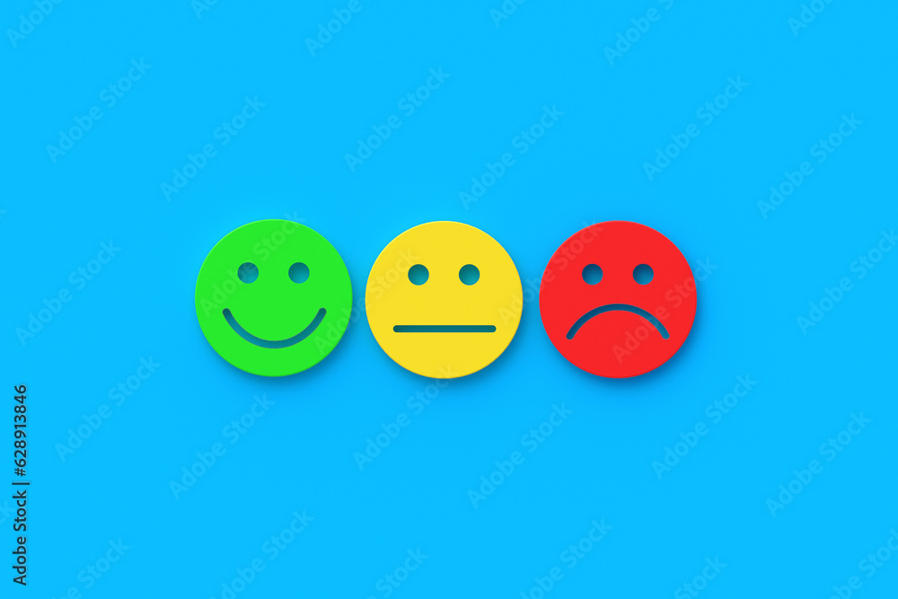 Row of different emotion faces. Mood expression concept. Opinion and feedback. Top view. 3d render Row of different emotion faces. Mood expression concept. Opinion and feedback. Top view. 3d render