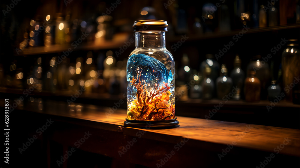 Magic bottle with mystical landscape and magic neon light, concept of magic and fairy tale - obrazy, fototapety, plakaty 
