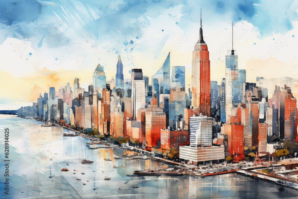 oil painting on canvas, Manhattan skyline panorama at sunrise , New York City, USA. (ai generated) - obrazy, fototapety, plakaty 