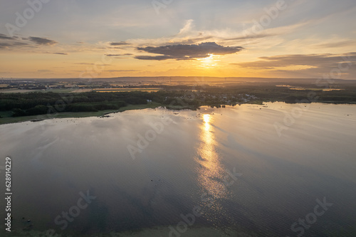 Aerial view of a warm magnificent sunset on the sea  view from the sea 