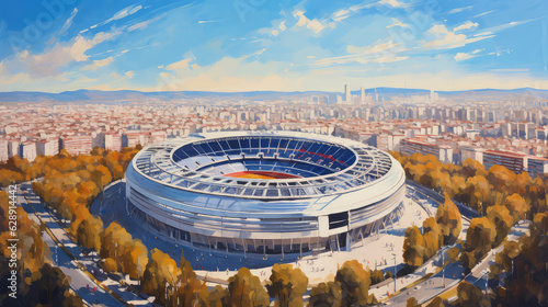 oil painting on canvas, Aerial view of Santiago Bernabeu stadium, Spain (ai generated)