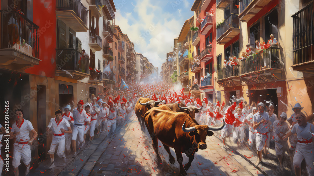 oil painting on canvas, Bulls and people running on the street in the festival of San Fermin. Bulls of Eduardo and last running of the bulls of the festival of San Fermin. Spain. (ai generated)