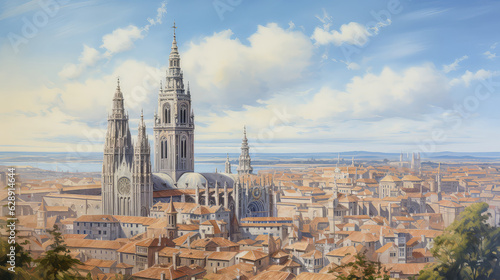 oil painting on canvas, View of Toledo Cathedral in sunny day, Spain. (ai generated)