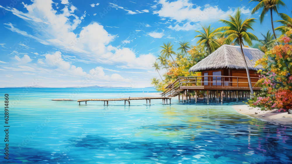 Obraz premium oil painting on canvas, View of Maldiv beach resort, panoramic landscaps. (ai generated)