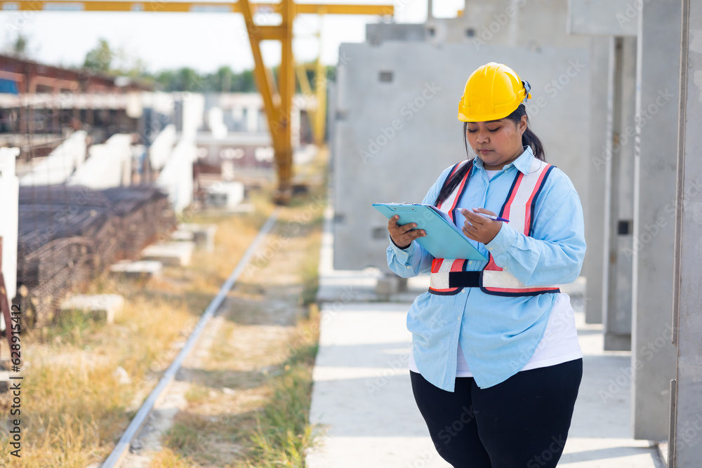 Portrait African american woman. Plus size female factory worker wearing safety hard hat helmet working at heavy Prefabricated concrete walls manufacturing factory Portrait African american woman. Plus size female factory worker wearing safety hard hat helmet working at heavy Prefabricated concrete walls manufacturing factory