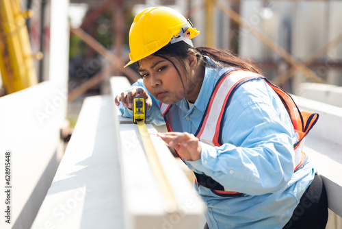 Yellow tape measure construction tools. Plus size female worker wearing safety hardhat inspec quality control at heavy Prefabricated concrete walls manufacturing factory photo