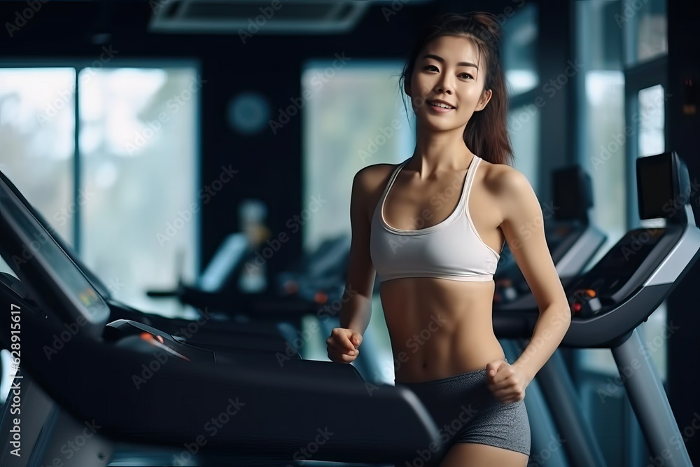 Asian woman running on treadmill at the gym. Asian woman running on treadmill at the gym.