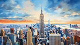 oil painting on canvas, New York City. Manhattan downtown skyline with illuminated Empire State Building and skyscrapers at sunset. (ai generated)