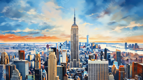 oil painting on canvas, New York City. Manhattan downtown skyline with illuminated Empire State Building and skyscrapers at sunset. (ai generated) © ImagineDesign