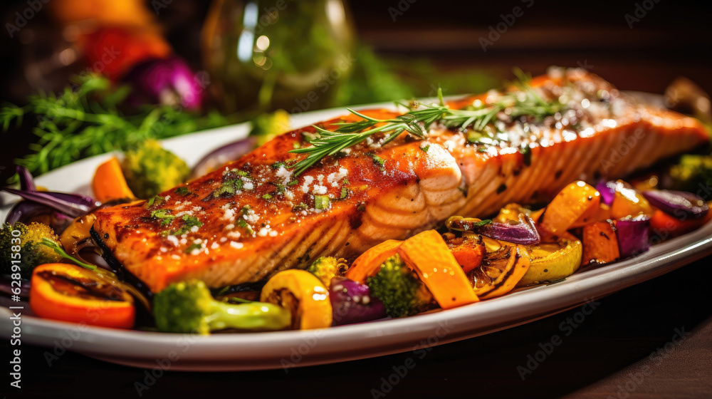 Plate glistening grilled salmon coat, Background, Food Photography, Generative Ai