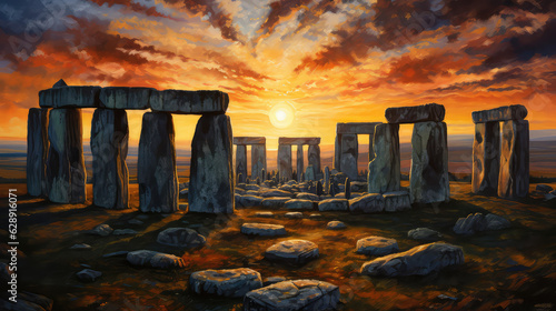 oil painting on canvas, Stonehenge at sunset. (ai generated)