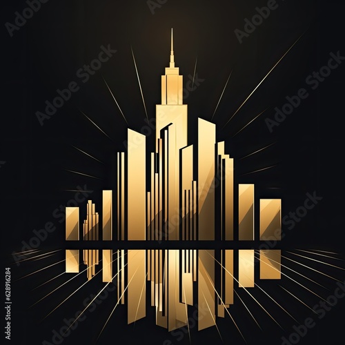 A bold Art Deco skyscraper silhouette graphic in black and gold generative AI