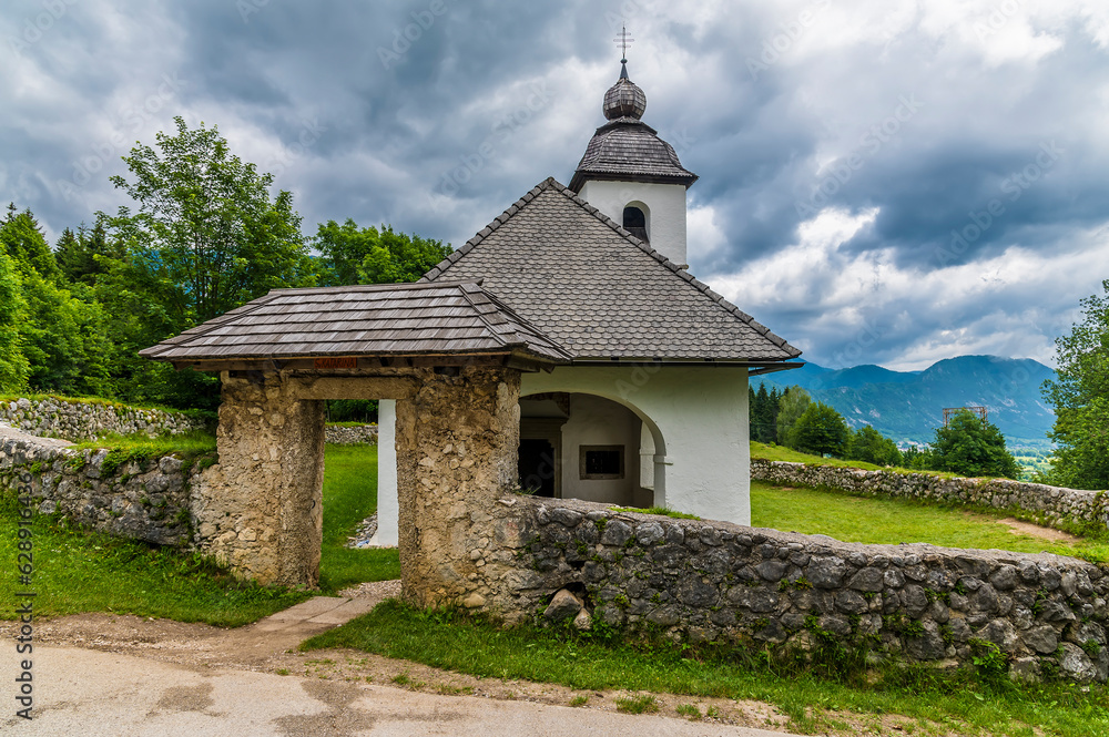 A view towards the entrance to Church of Saint Catherine near Bled, Slovenia in summertime