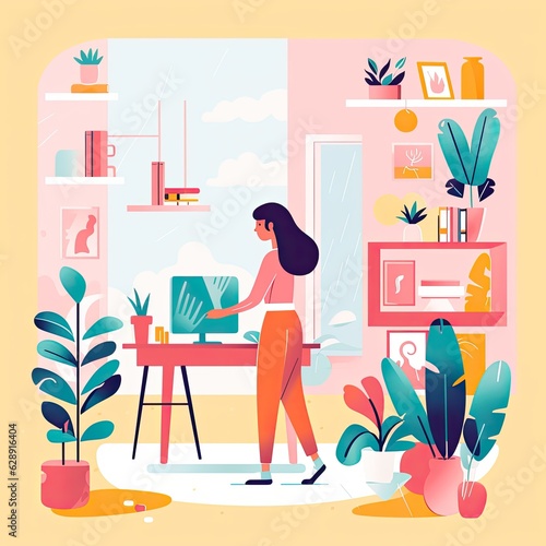 woman in home office flat illustration scene with windows and plants generative AI