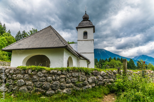 A view towards the Church of Saint Catherine near Bled, Slovenia in summertime photo
