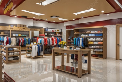 Interior of a clothing store with clothes and accessories in a shopping mall