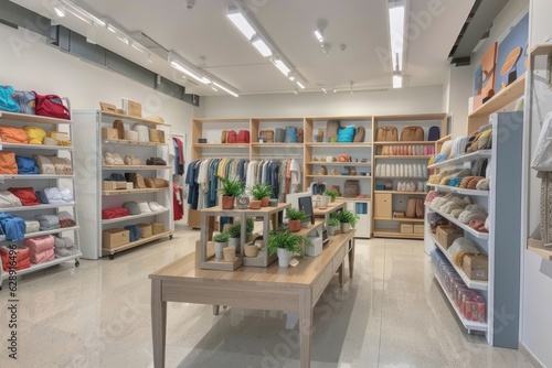 Interior of a modern clothing store with shelves full of clothes.