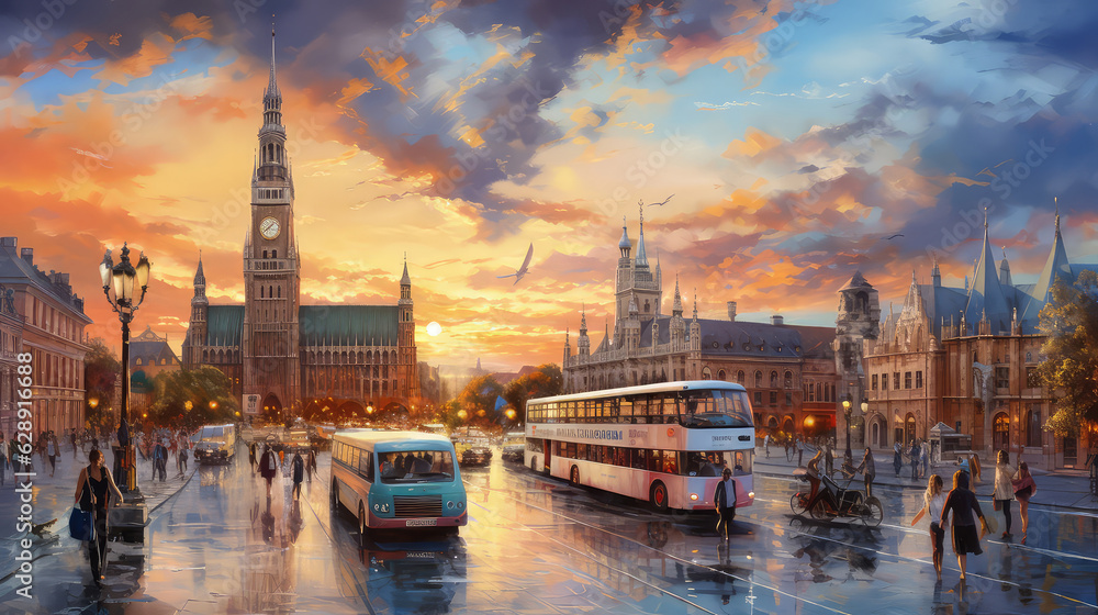 Naklejka premium oil painting on canvas, Munich skyline with Marienplatz town hall in Germany. (ai generated)