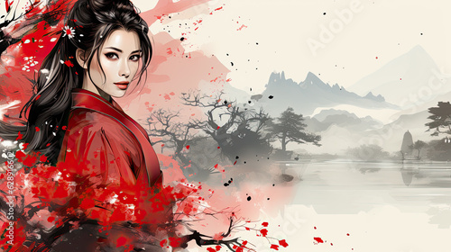 Young geisha in red kimono and Sakura