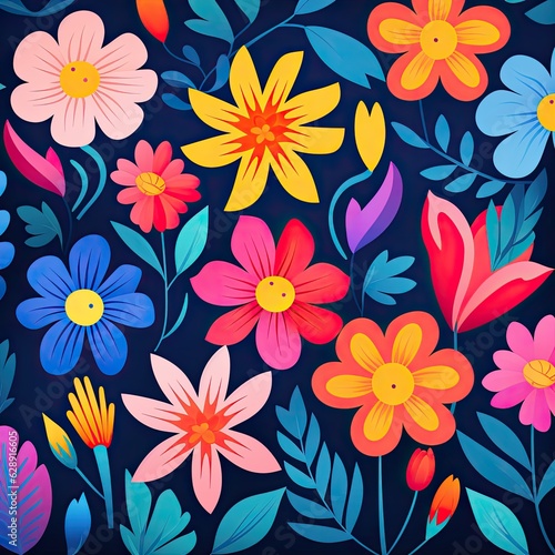 A brightly colored floral pattern repeating generative AI