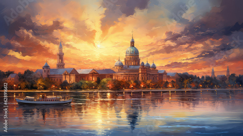 oil painting on canvas, New Palace (Neues Palais) facade in Potsdam at sunset. Germany. (ai generated) © ImagineDesign
