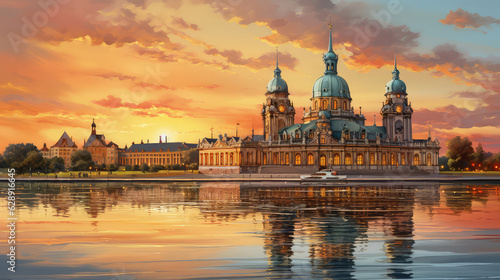 oil painting on canvas, New Palace (Neues Palais) facade in Potsdam at sunset. Germany. (ai generated) photo