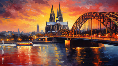 oil painting on canvas, Cologne Cathedral and Hohenzollern Bridge at twilight, Germany. (ai generated) photo