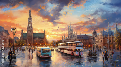 Stampa su tela oil painting on canvas, Munich skyline with Marienplatz town hall in Germany