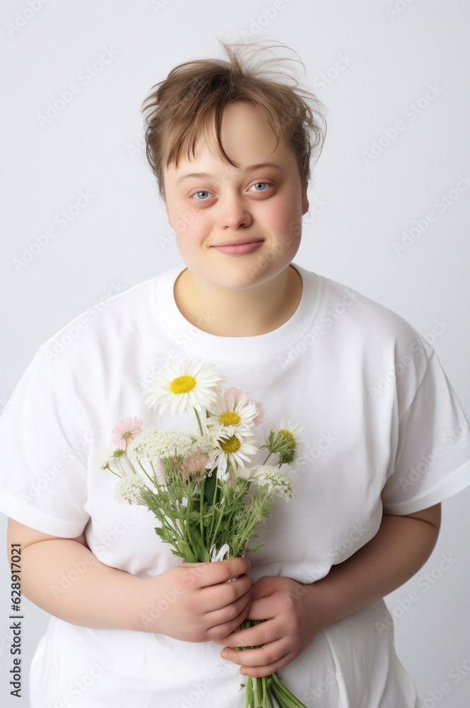 Portrait of a smiling young woman with Down syndrome who fulfilled her dreams and became a professional florist. Generated Ai Portrait of a smiling young woman with Down syndrome who fulfilled her dreams and became a professional florist. Generated Ai