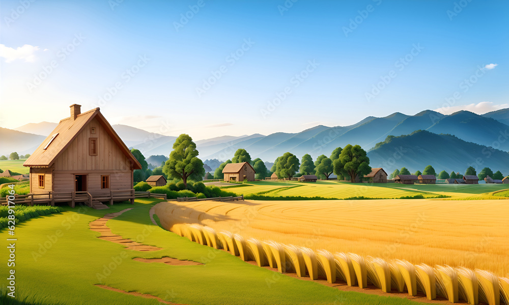 Spring landscape morning in village with green meadow on hills, orang and blue sky, Spring panorama view forest, wild flowers and sunset. Illustration style. Barley field with wooden house. Spring landscape morning in village with green meadow on hills, orang and blue sky, Spring panorama view forest, wild flowers and sunset. Illustration style. Barley field with wooden house.