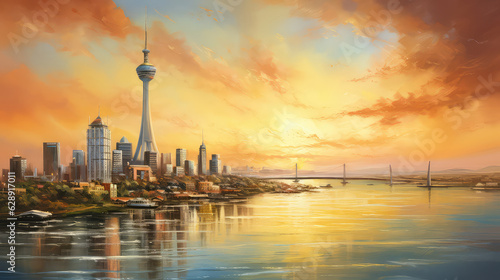 oil painting on canvas, Panorama of Dusseldorf, Germany. (ai generated)