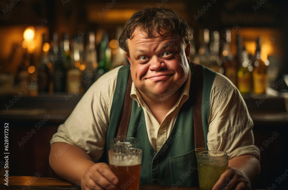 Portrait of a man with Down syndrome who fulfilled his dream by becoming a bartender. Generated Ai