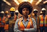 Afro women miners wear head protection standing confident with crossed hands