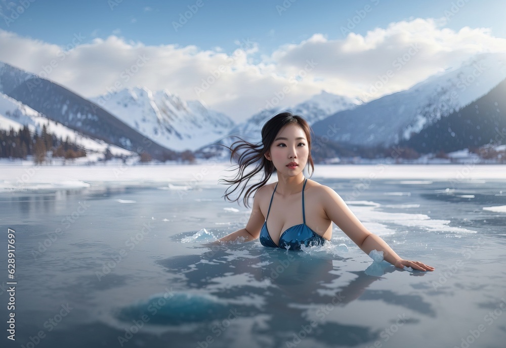Asian woman swimming on icy lake in winter Asian woman swimming on icy lake in winter
