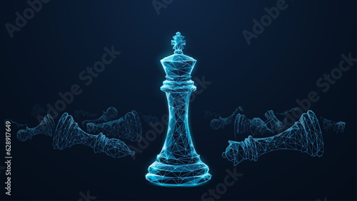 Abstract low poly 3d king chess piece in front of defeated chess figures. Digital vector mesh consisting of blue lines, dots and triangles isolated in black background. Leader success business concept