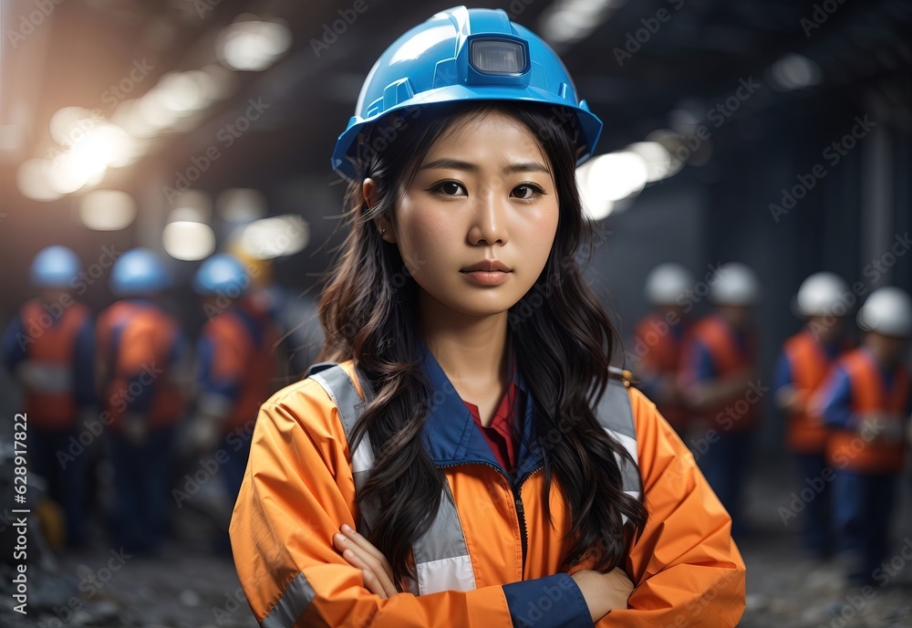 Asian women miners wear head protection standing confident with crossed hands Asian women miners wear head protection standing confident with crossed hands