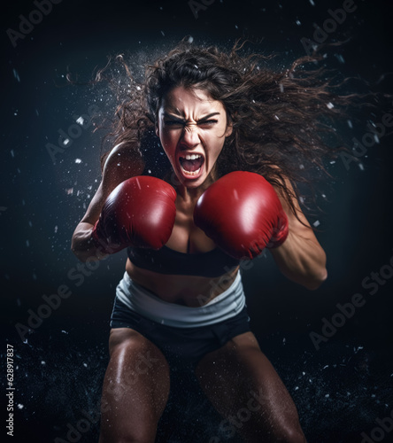 Woman with boxing gloves, action style photo - looks like she's charging attacking, screaming angry expression. Generative AI © Lubo Ivanko