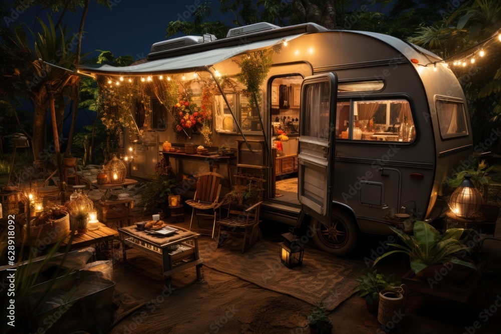 Obraz premium Motorhome in a vegetable garden with coconut trees, grills and fairy lights.