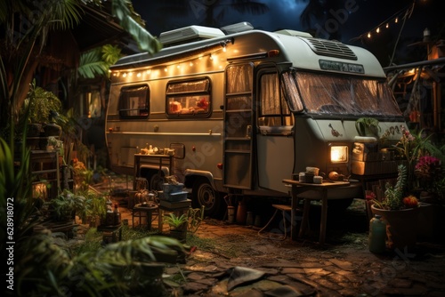 Motorhome in a vegetable garden with coconut trees, grills and fairy lights.