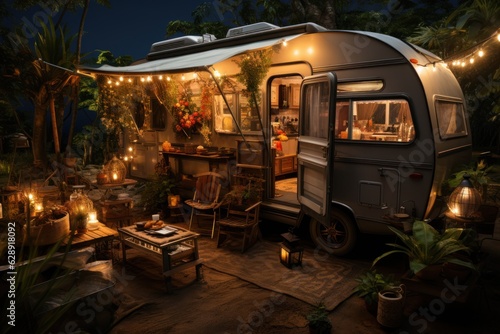Motorhome in a vegetable garden with coconut trees  grills and fairy lights.
