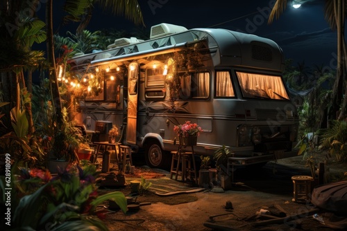 Motorhome in a vegetable garden with coconut trees, grills and fairy lights. © sirisakboakaew