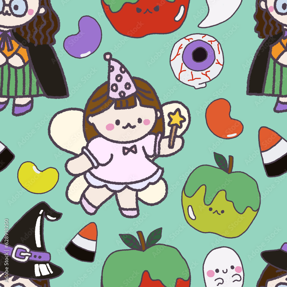 Seamless Halloween pattern. digital clipart illustration of Halloween party.witch,monster, ghost, bat, black cat and pumpkin. doodle character cartoon repeat pattern. Seamless Halloween pattern. digital clipart illustration of Halloween party.witch,monster, ghost, bat, black cat and pumpkin. doodle character cartoon repeat pattern.