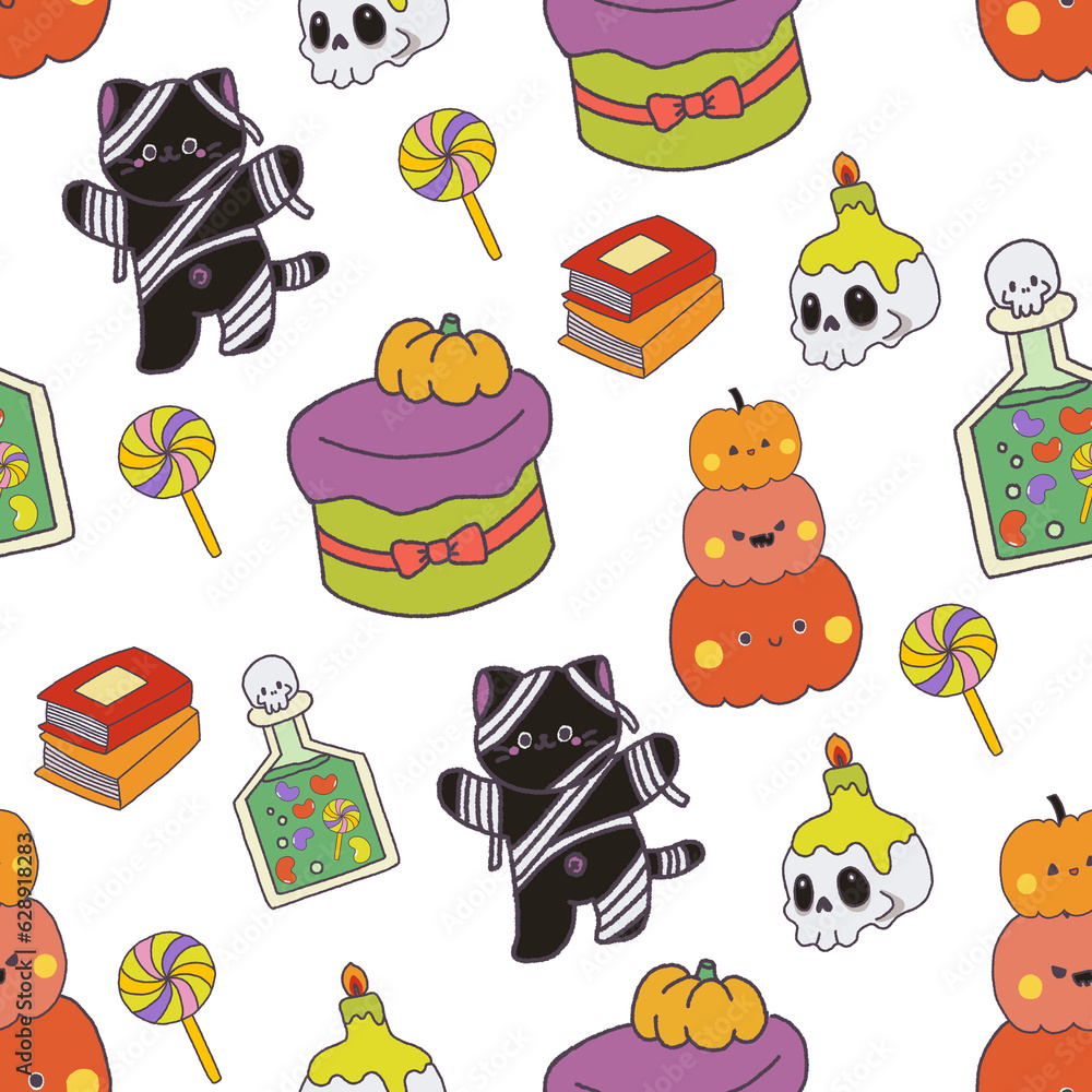 Fototapeta premium Seamless Halloween pattern. digital clipart illustration of Halloween party.witch,monster, ghost, bat, black cat and pumpkin. doodle character cartoon repeat pattern.