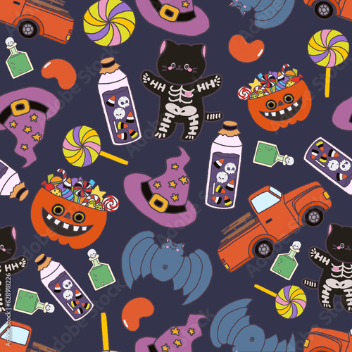 Seamless Halloween pattern. digital clipart illustration of Halloween party.witch,monster, ghost, bat, black cat and pumpkin. doodle character cartoon repeat pattern.