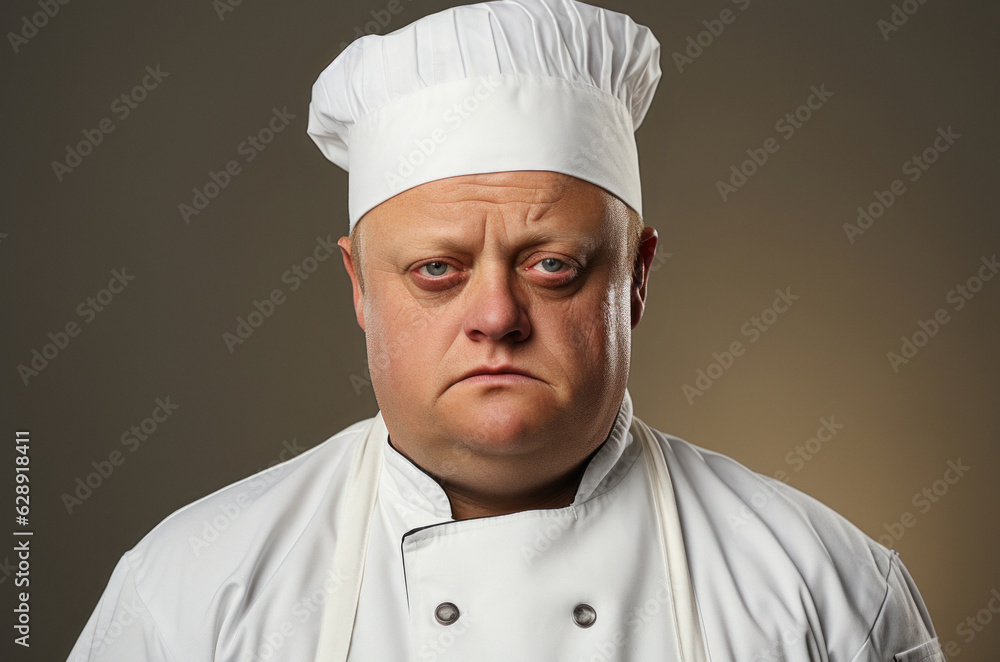 A portrait of a middle aged man with Down syndrome who is a cook on brown background. Generated Ai A portrait of a middle aged man with Down syndrome who is a cook on brown background. Generated Ai