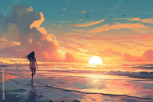 Solitude at Sunset: A captivating anime woman walking to the sun at the beach, Generative AI